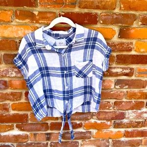 Rails button down cuffed sleeve tie atwaist cropped top in crisp summer plaid